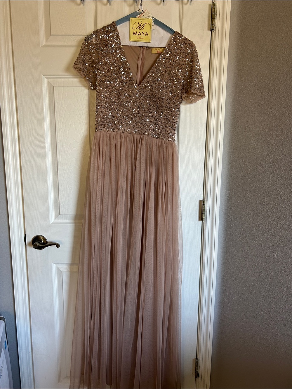 Maya Champagne Sequin V-Neck Tulle Maxi Dress